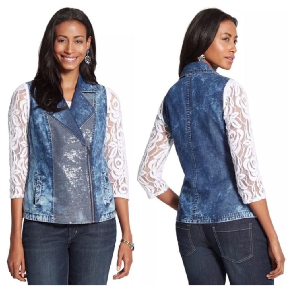Chico’s denim & sequined Moto vest sz 1